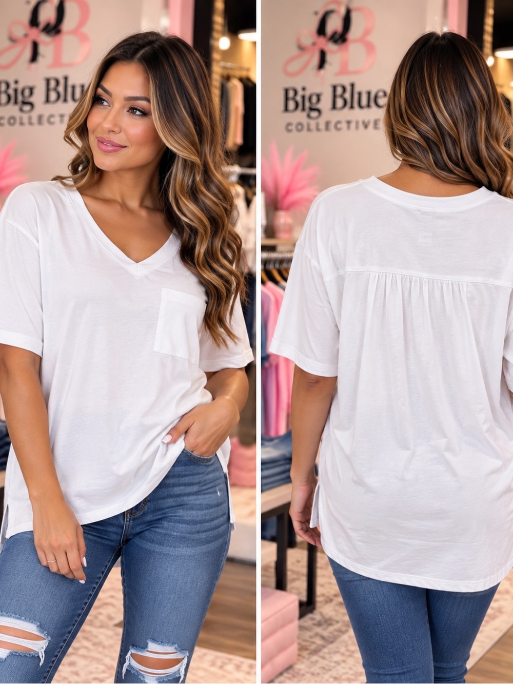 Zenana Outfitters White V-Neck Pocket Tee